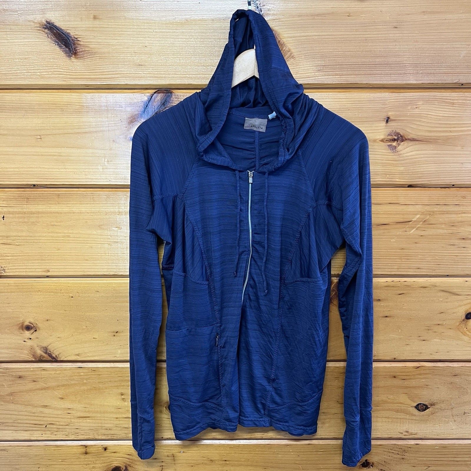 Athleta Pacifica Illume Upf Navy Blue 1/2 Zip Hooded Top Shirt Thumb Hole L